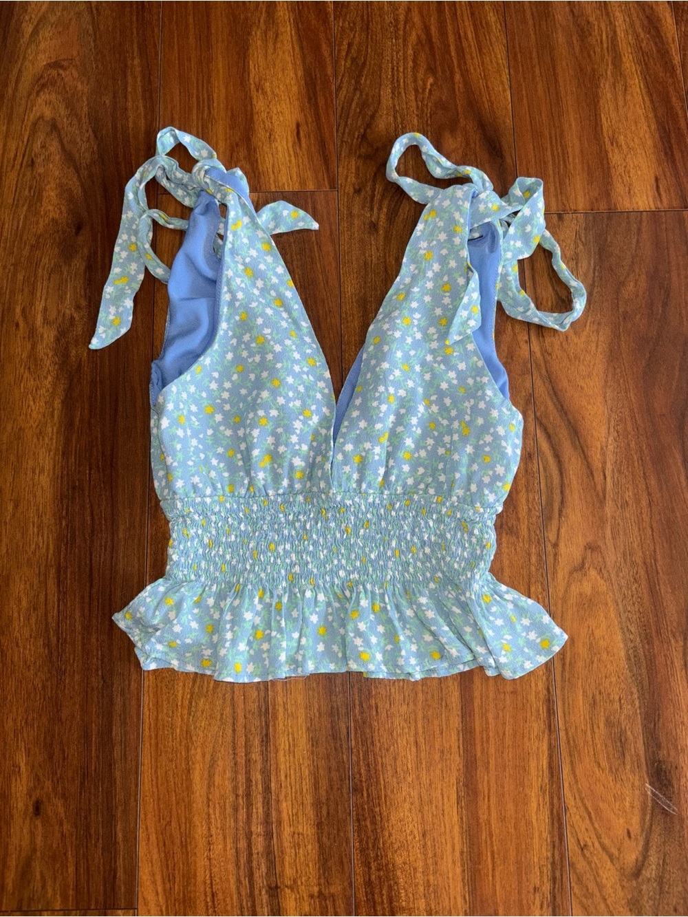 Light Blue Floral Tie-Strap Smocked Crop Top